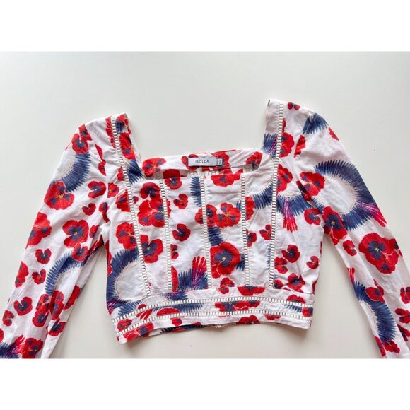 ISOLDA Floral Print Cotton Voile Embroidered Cropped Long Sleeve Blouse, Size 2 - Picture 10 of 16